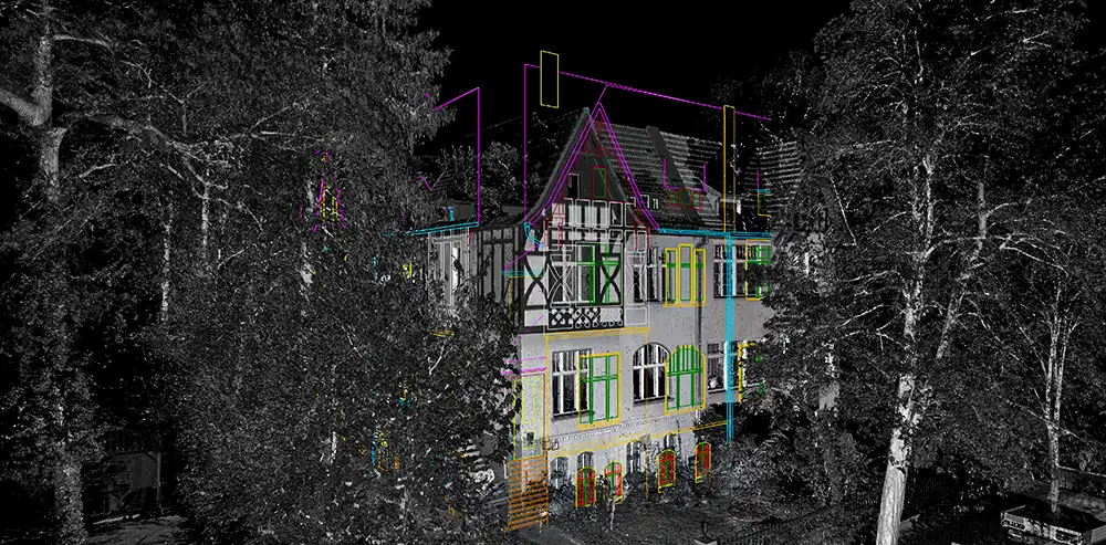 Fassadenaufmaß: Ansicht der Punktwolke mit 2D-Elementen der Fassaden