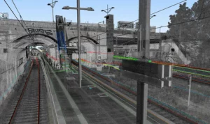 Brücke und Bahnhof Gesundbrunnen: Darstellung der Punktwolke mit den Objekten des Lageplans in 3D.